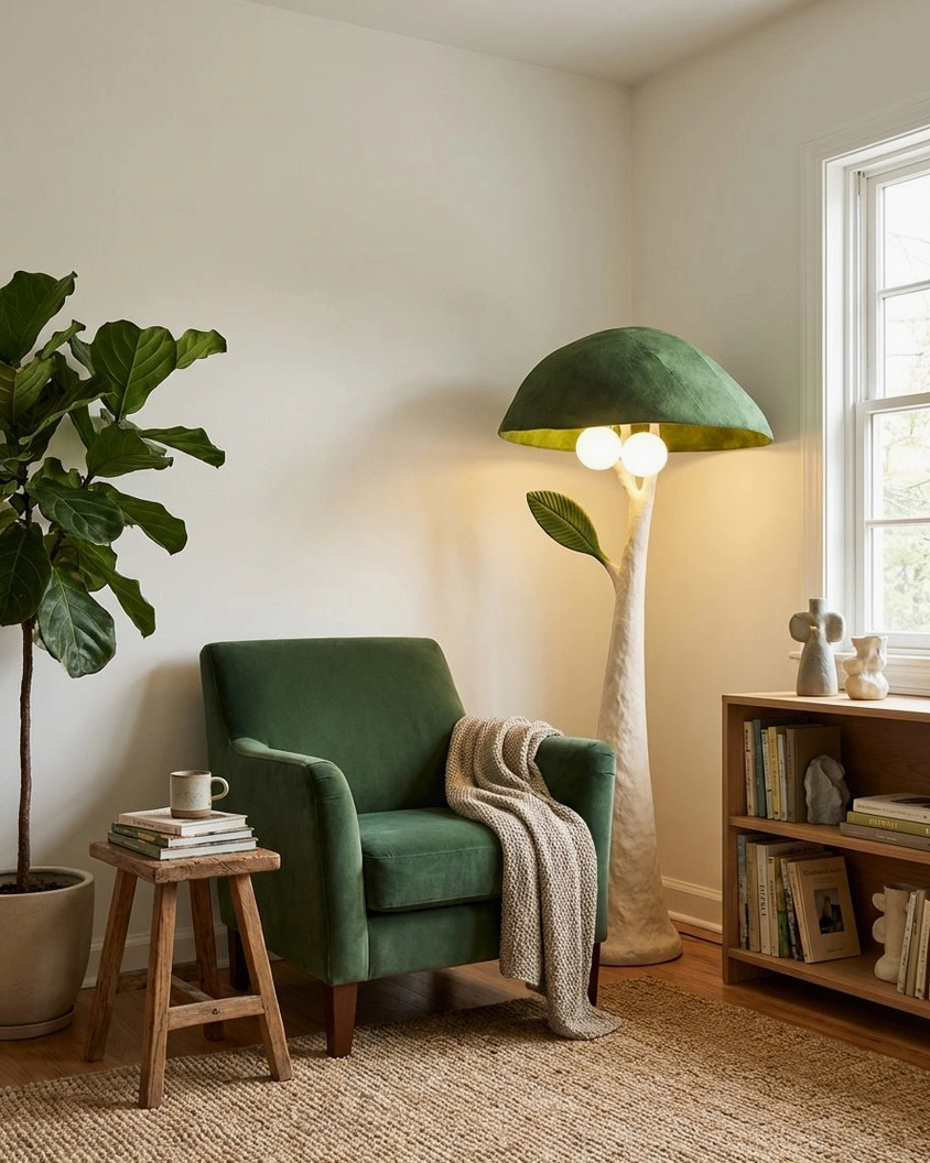 Sylvara mushroom floor lamp lighting effect demonstration, glowing velvet shade illumination and ambient warmth