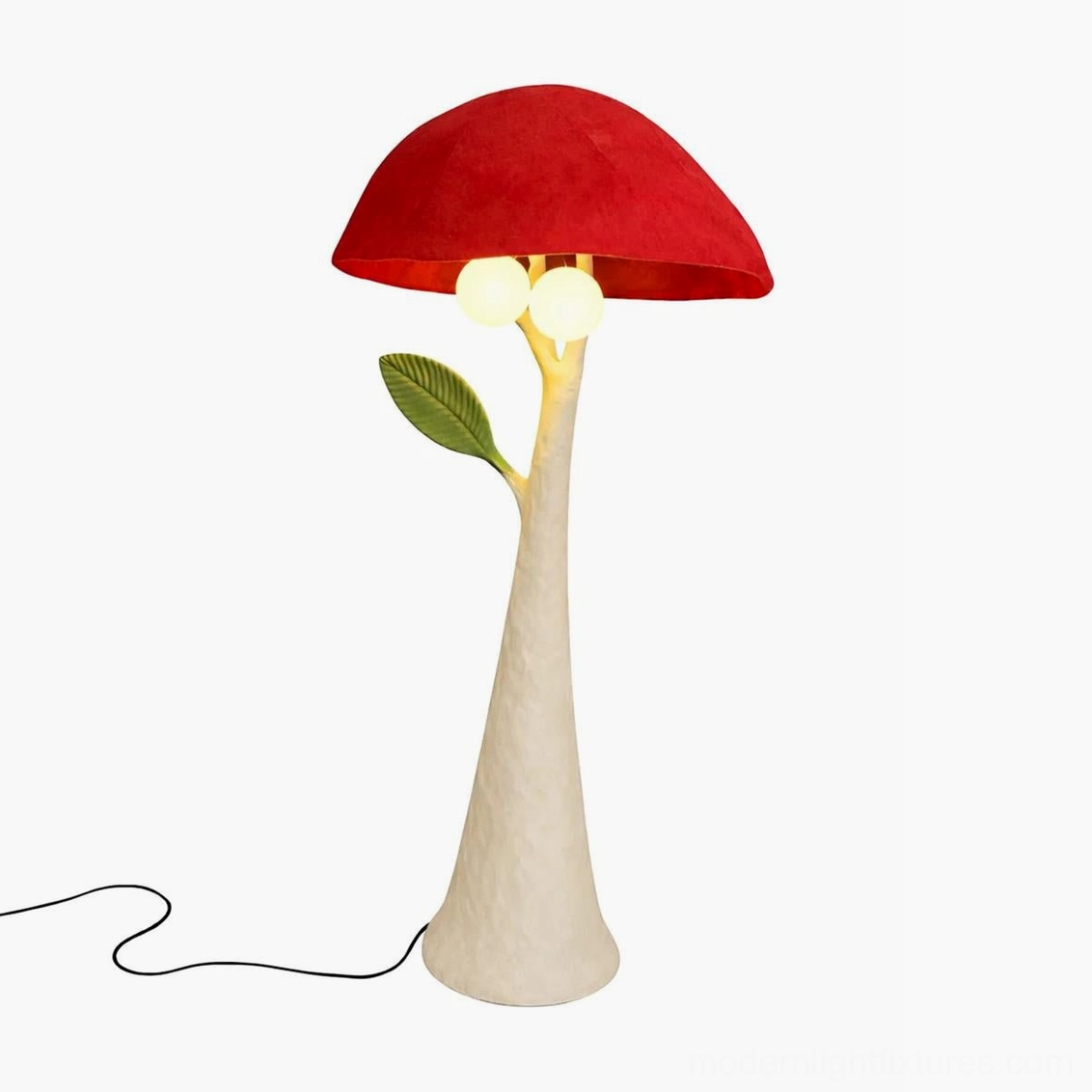 Sylvara mushroom floor lamp with red velvet shade and beige resin pole featuring leaf accent, front view product photograph