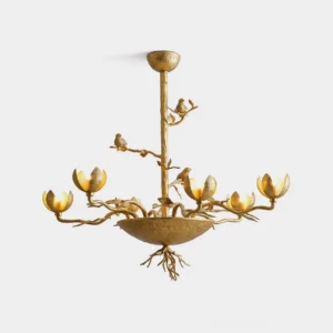 Sylvaria gold botanical branch chandelier with bird accents and petal-shaped shades, front studio view on white background