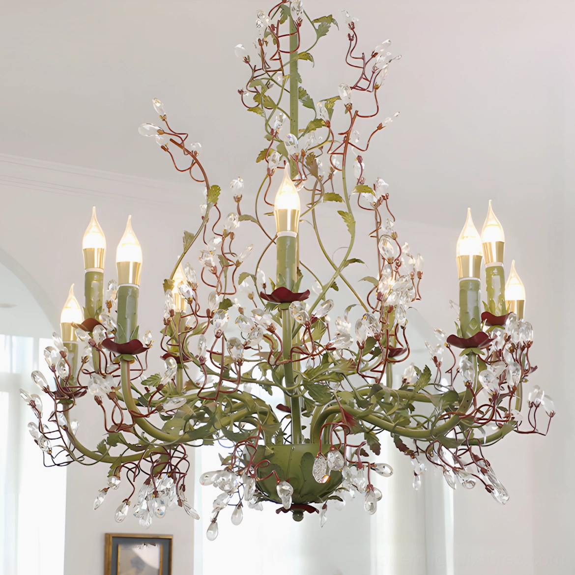 Sylvarose 8-head green and red botanical chandelier with hand-finished metalwork and crystal accents
