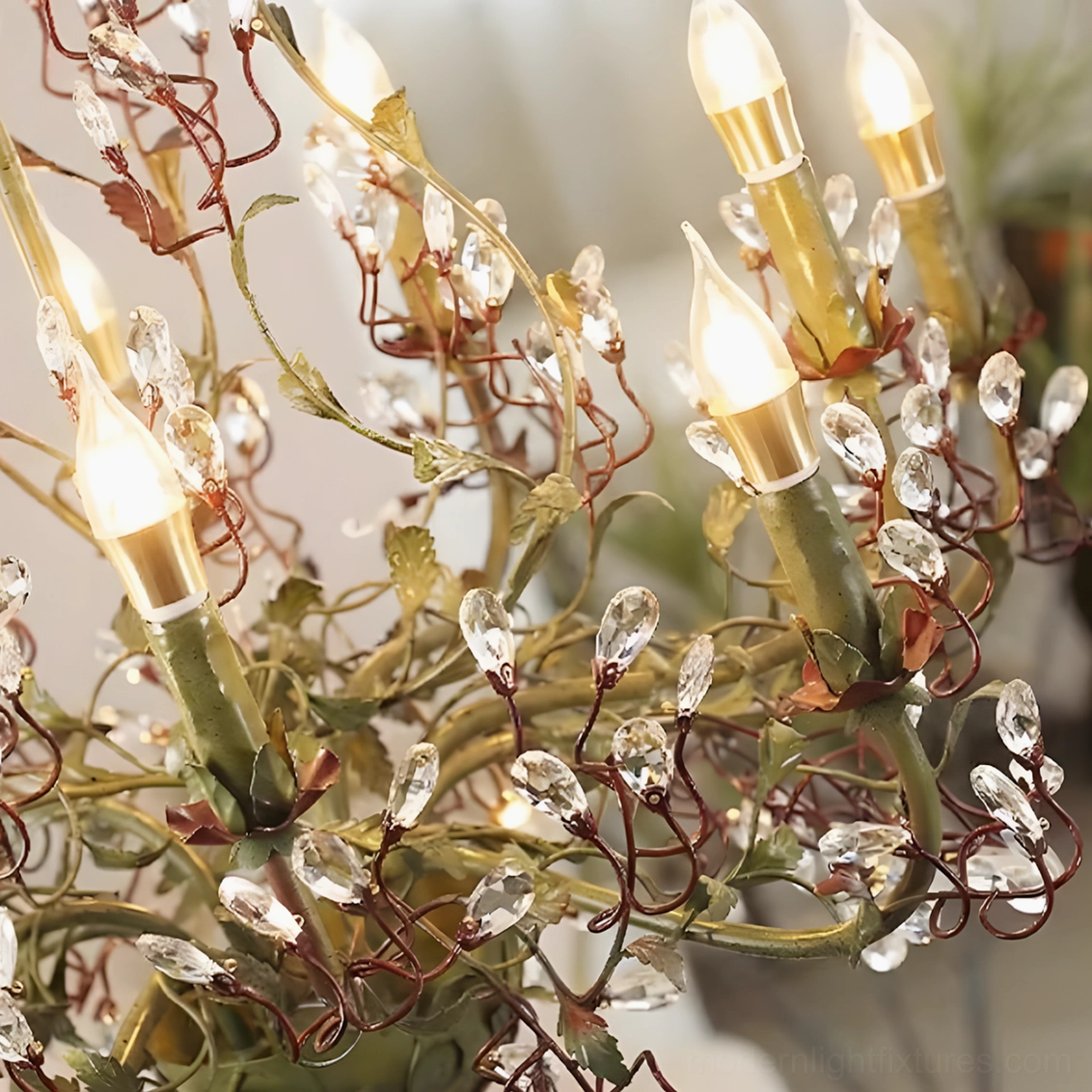 Sylvarose botanical garden-inspired chandelier with sculptural candle-style light fixtures close-up