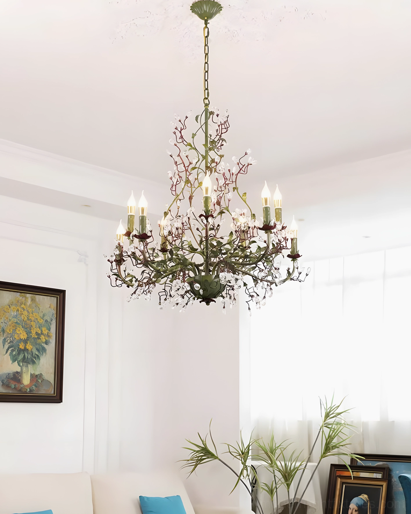 Sylvarose botanical crystal chandelier installation showing adjustable hanging chain and E14 socket configuration