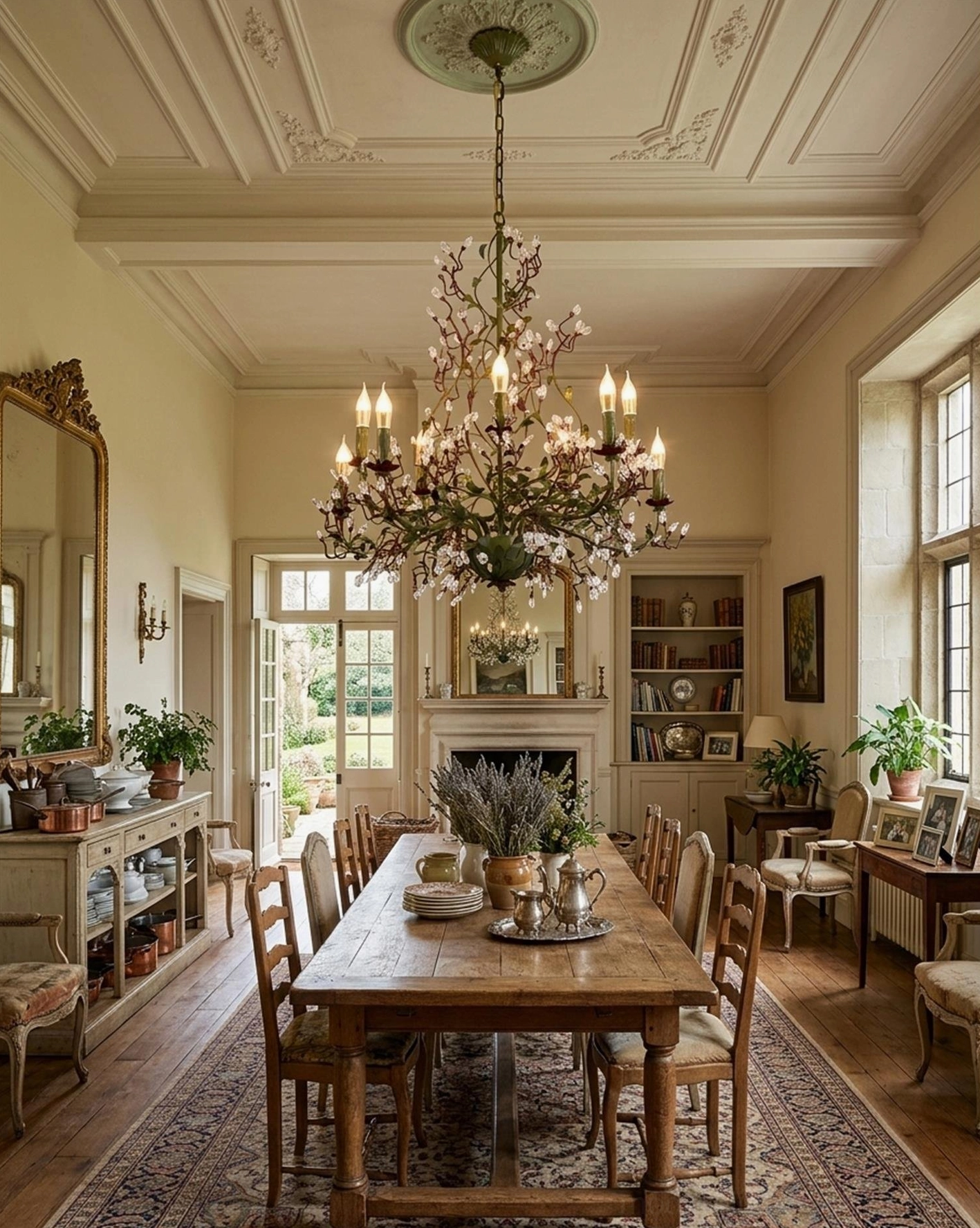 Large crystal Sylvarose chandelier in European manor dining hall with elegant traditional wood furniture