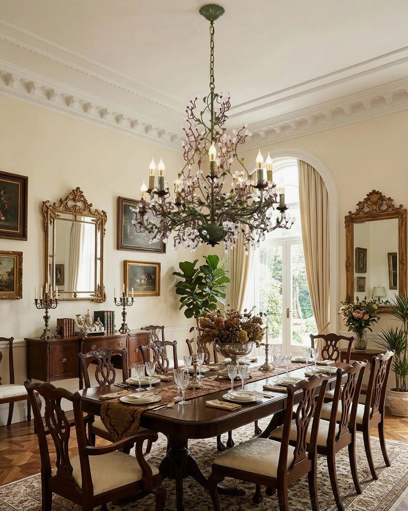 Large decorative Sylvarose chandelier in formal estate dining room with crystal details and vintage decor