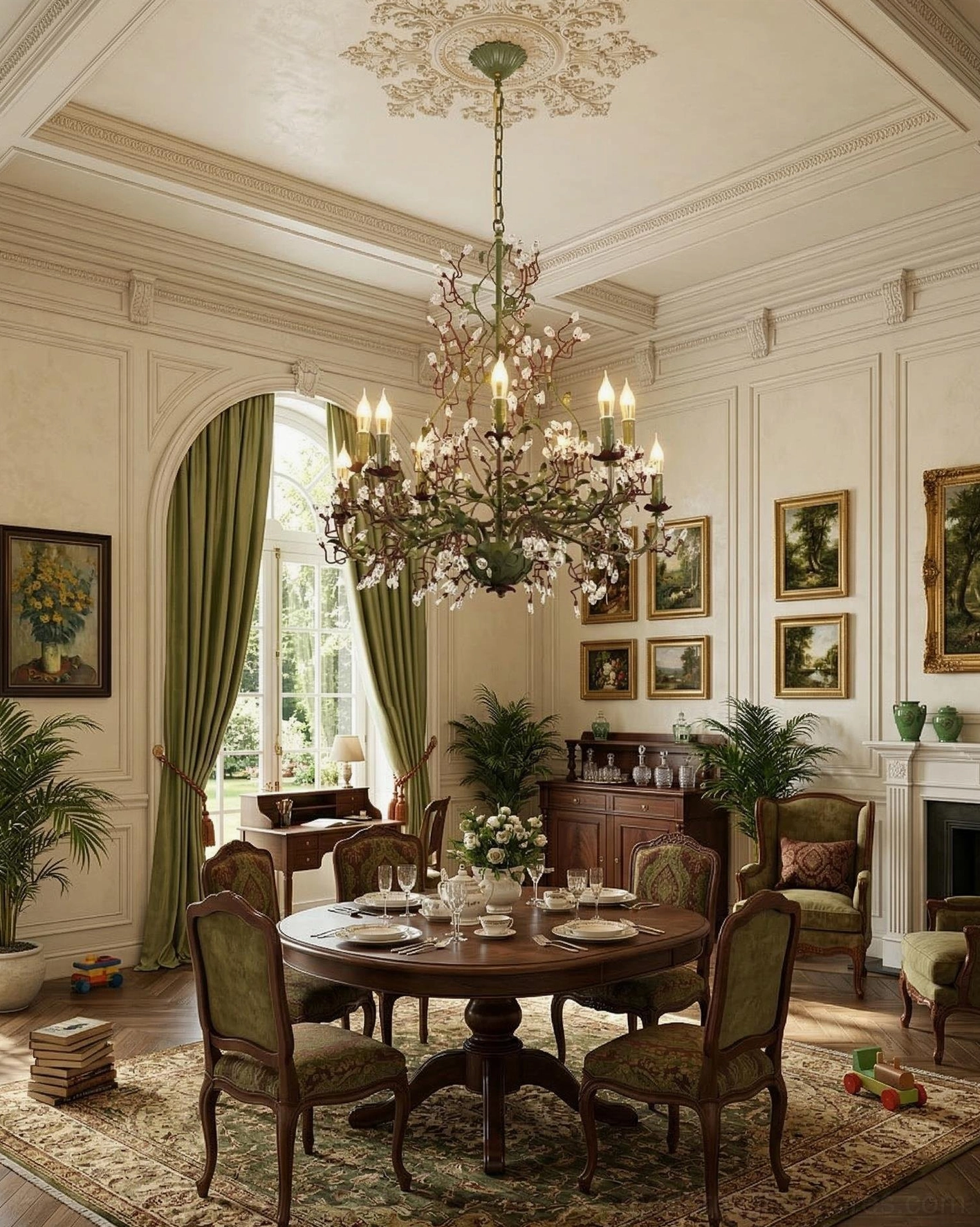 Floral branch Sylvarose chandelier with green metal frame and hanging crystal pendants in classic arched window dining room
