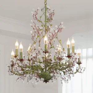 Sylvarose floral branch crystal chandelier with red-brown metalwork and candle-style lights in sunlit room