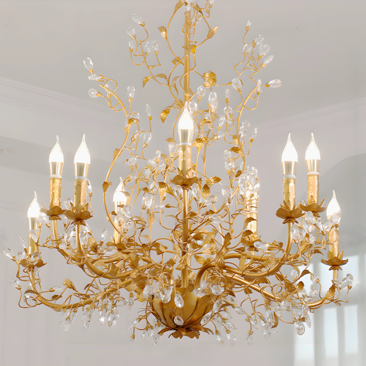 Golden copper Sylvarose botanical crystal chandelier with warm metallic finish on white background