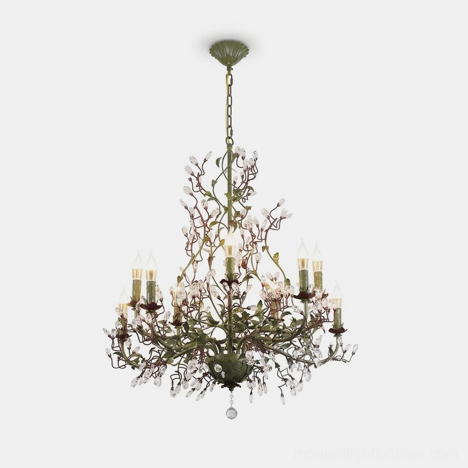 Sylvarose botanical crystal chandelier with green metal frame and crystal accents, front view on white background