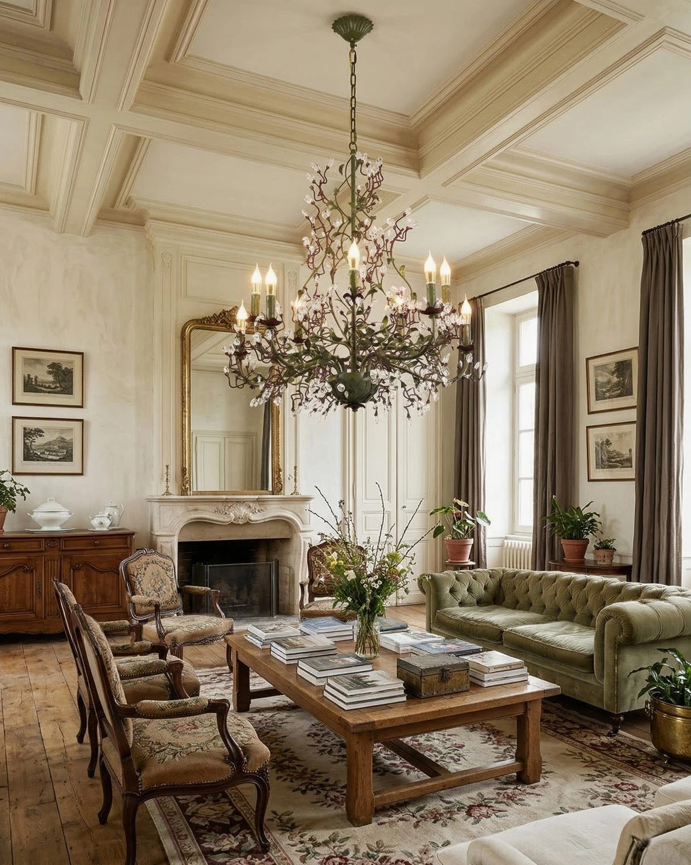 Large decorative Sylvarose chandelier with green metal frame and crystal accents in classic estate living room