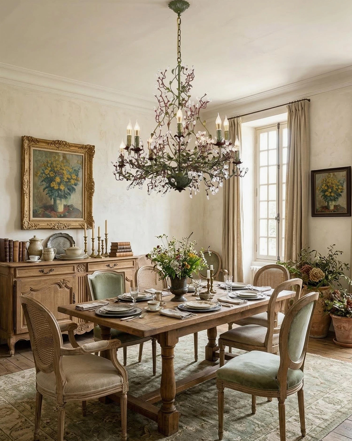 Vintage botanical Sylvarose chandelier with warm ambient lighting in traditional French country dining room