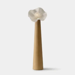 Sylvelle wood and resin flower floor lamp - front view modern sculptural design with tapered solid wood column