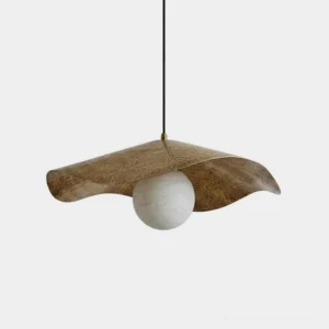 Sylvune pendant light with wavy brass leaf shade and natural alabaster globe - front view on white background