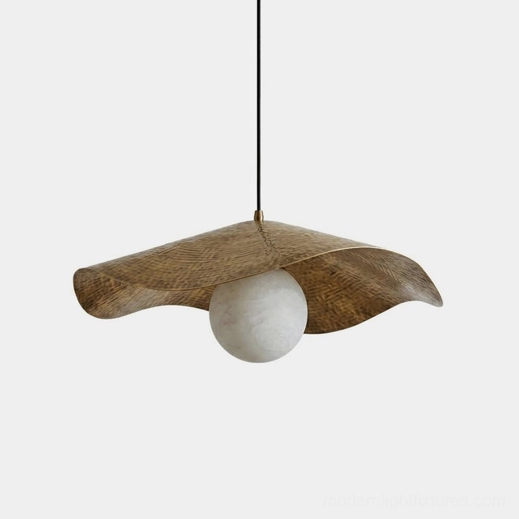 Sylvune pendant light with wavy brass leaf shade and natural alabaster globe - front view on white background