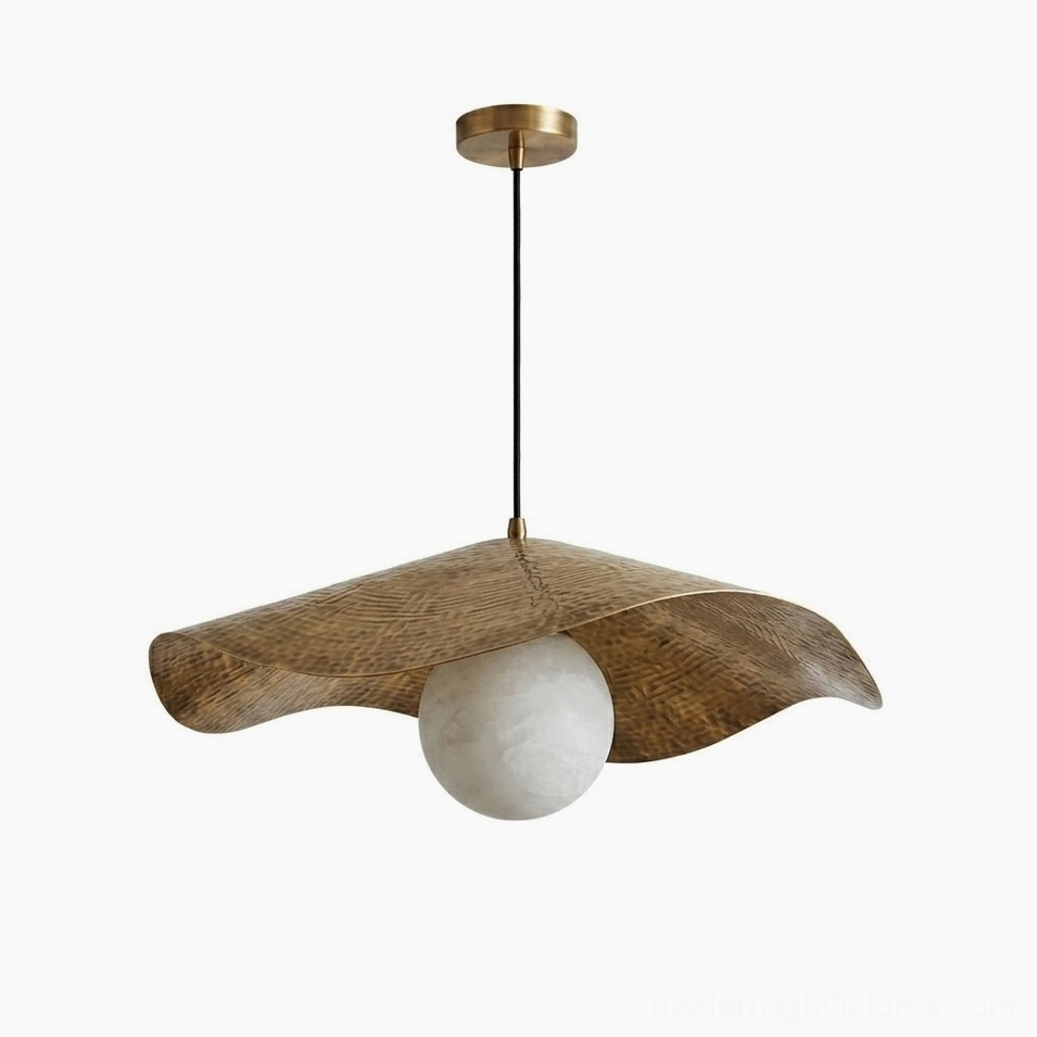 Sylvune organic-modern pendant light with antique brass wavy leaf shade and luminous alabaster globe