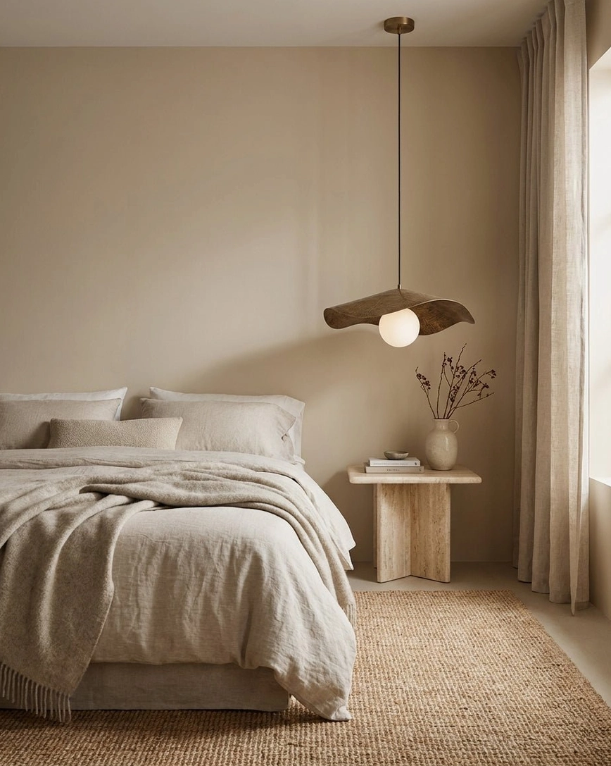 Sylvune fixture in modern bedroom with linen bedding and wooden side table, warm ambient glow