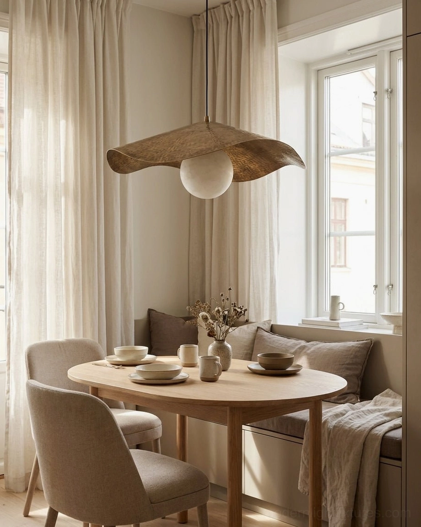 Sylvune alabaster pendant fixture creating warm ambient light in cozy dining nook with linen upholstered chairs