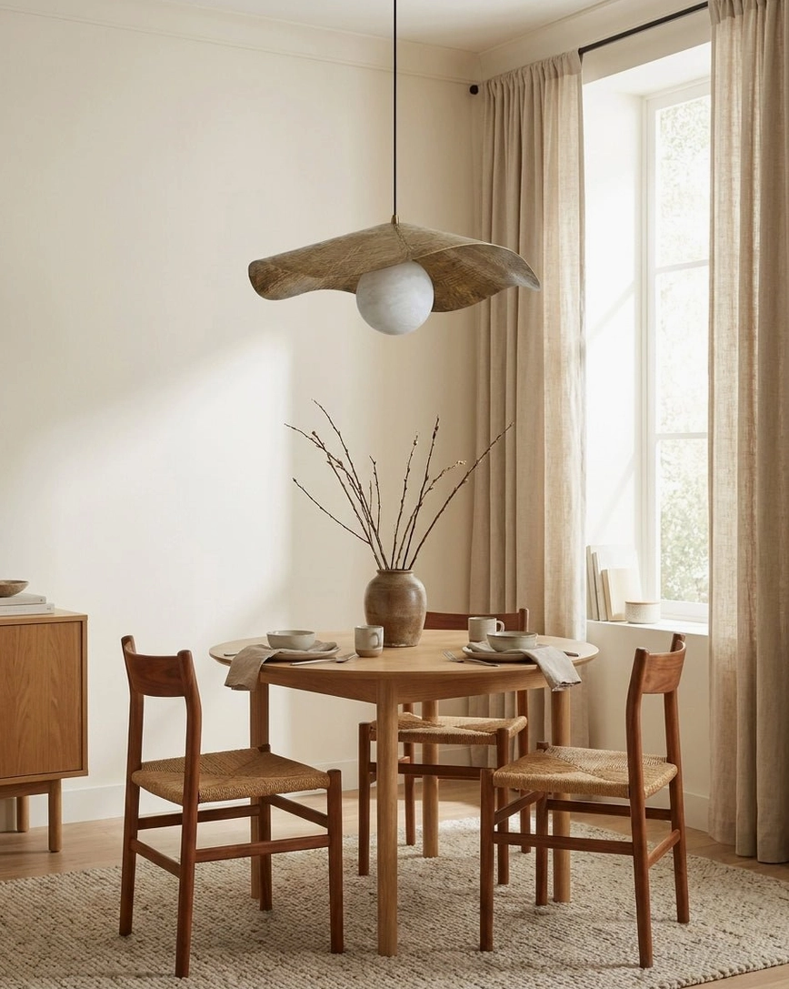 Sylvune pendant light hanging above dining table in modern dining room with natural wood furniture and bright window light