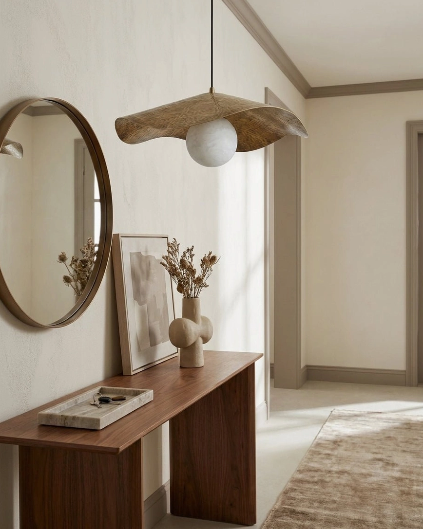 Sylvune pendant light in entryway console hallway with round mirror and wooden console table