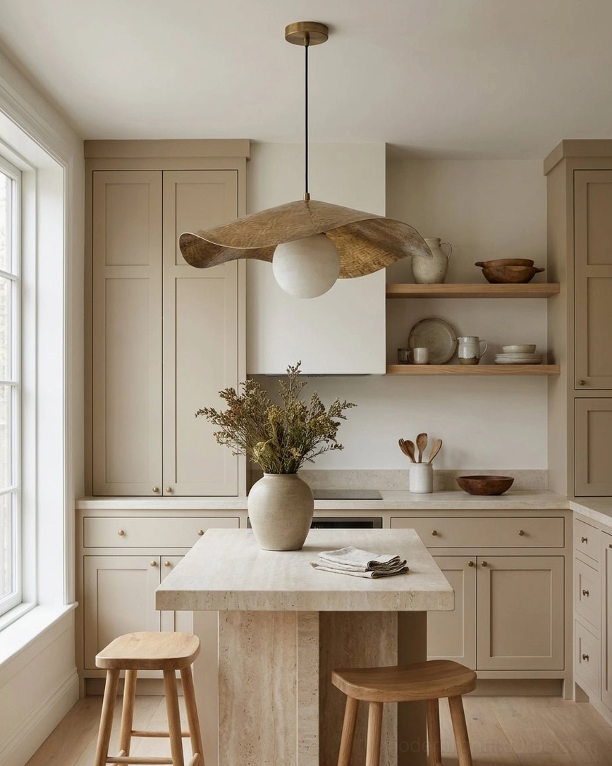 Sylvune alabaster pendant hanging over kitchen island with off-white cabinetry and stone countertops