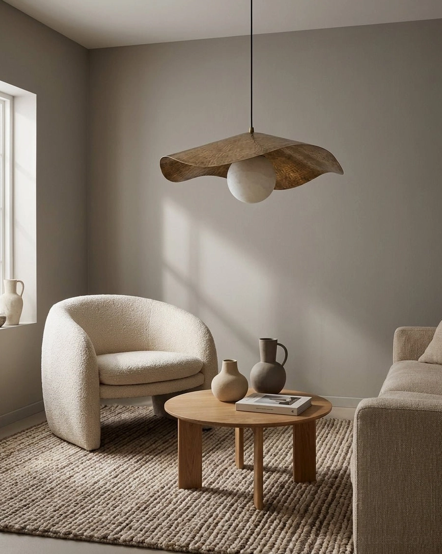 Wavy brass leaf pendant light illuminating minimalist living room with taupe walls and woven area rug