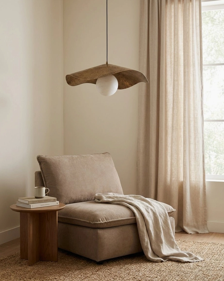 Wavy brass pendant light in cozy reading corner with beige accent chair and sheer linen curtains