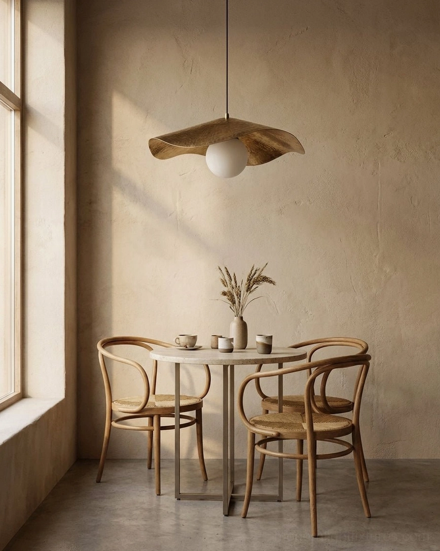 Alabaster and brass pendant light above small round dining table in compact residential dining area