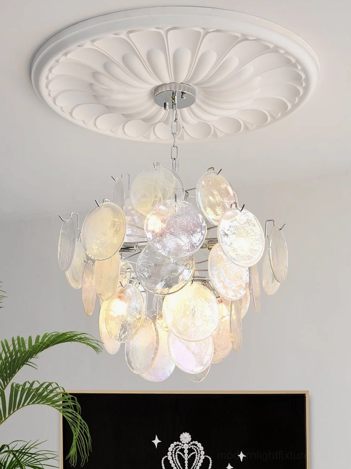 Frontal view of glass disc modern chandelier showing symmetric disc arrangement and chrome suspension