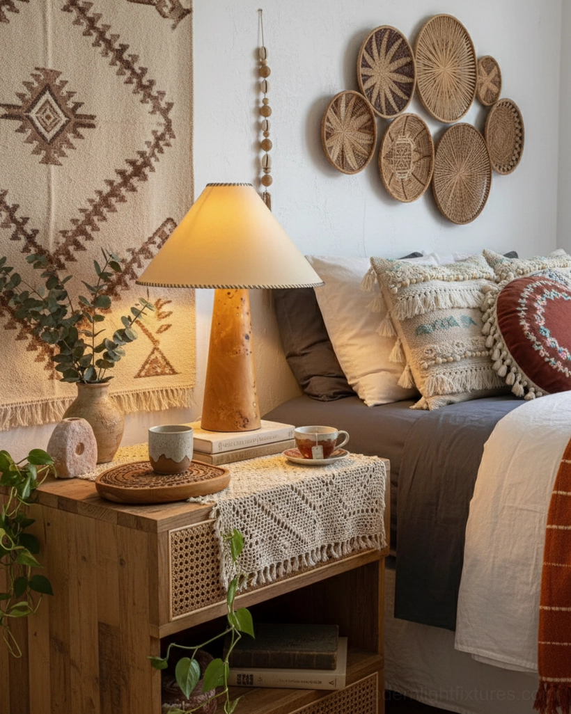 Bohemian bedroom setup with handcrafted wood table lamp and woven wall decorations warm lighting