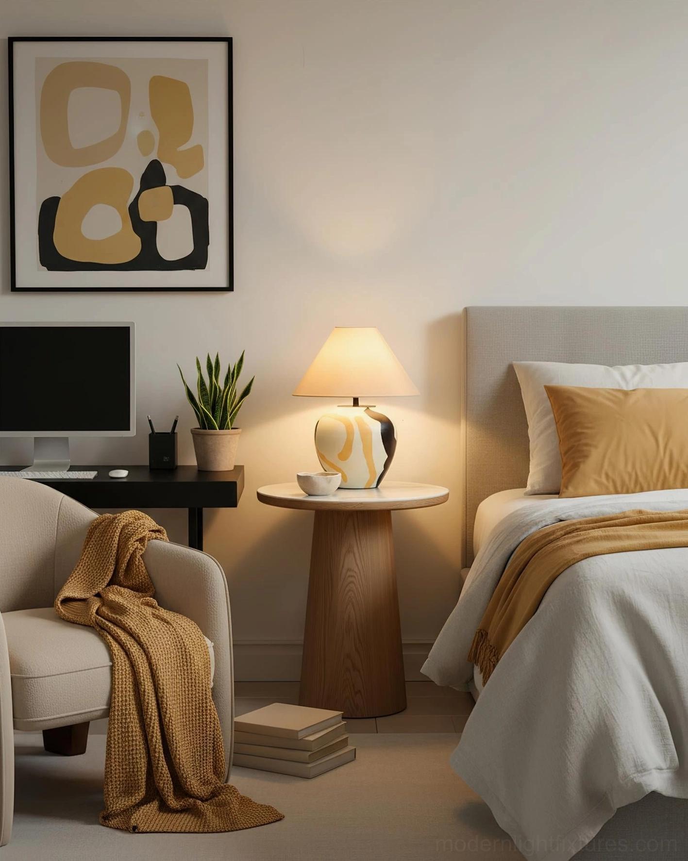Glazed ceramic table lamp in modern boho bedroom study corner with warm ambient lighting and neutral interior styling