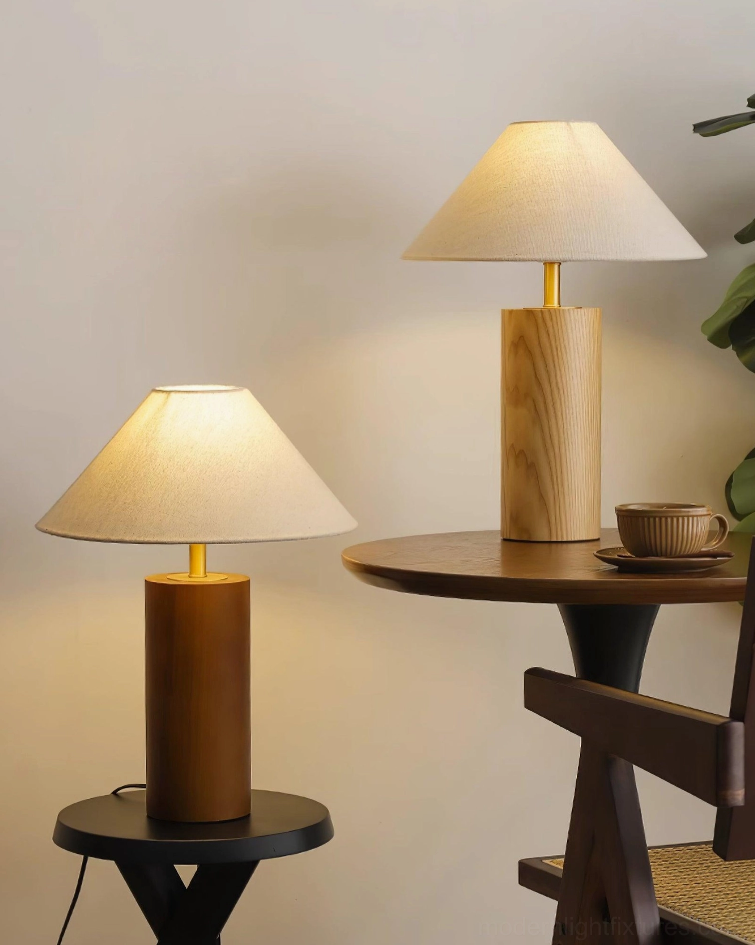 Brass and wood table lamp close-up detail showing quality craftsmanship and material texture