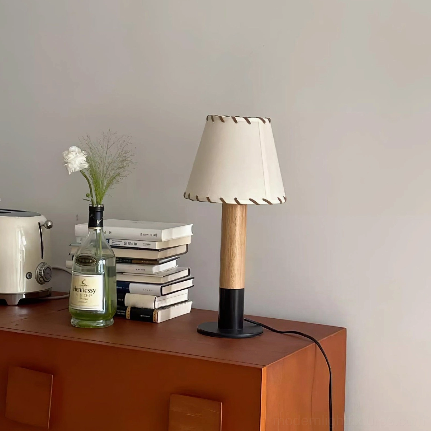 Wood table lamp fabric shade with delicate edge stitching detail and warm ivory coloring