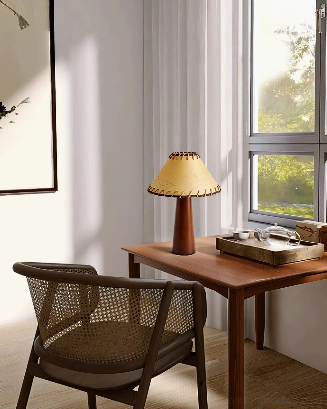 Table lamp with jute shade and wooden base compatible with dimmer switches for customizable lighting control