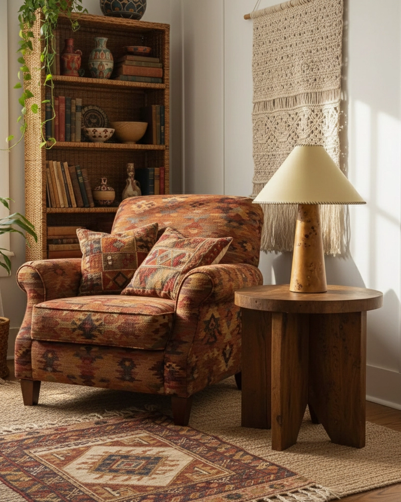 Modern rustic table lamp in living room with kilim armchair and bohemian home decor