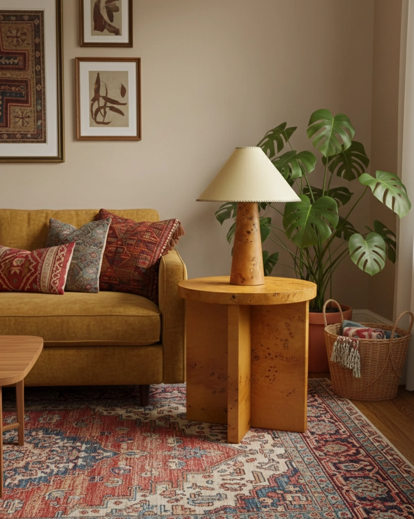 Wood table lamp on rectangular side table with mustard yellow sofa in modern living room