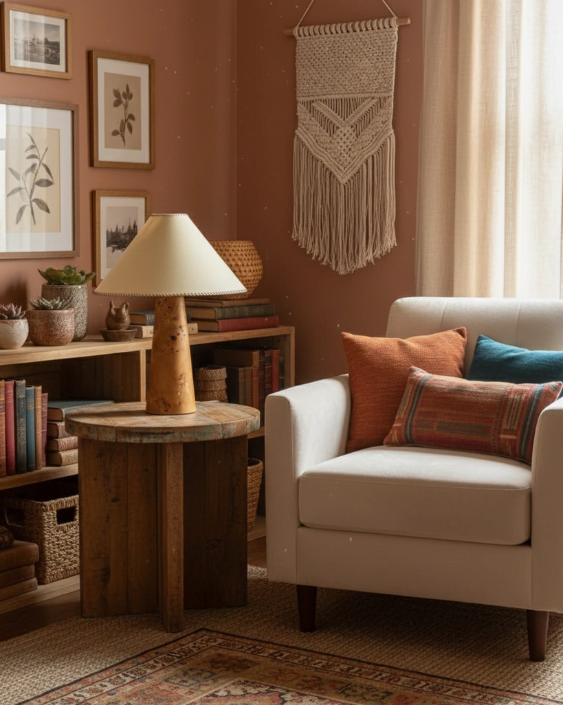 Wooden table lamp in cozy reading nook with neutral fabric armchair and vintage bohemian decor