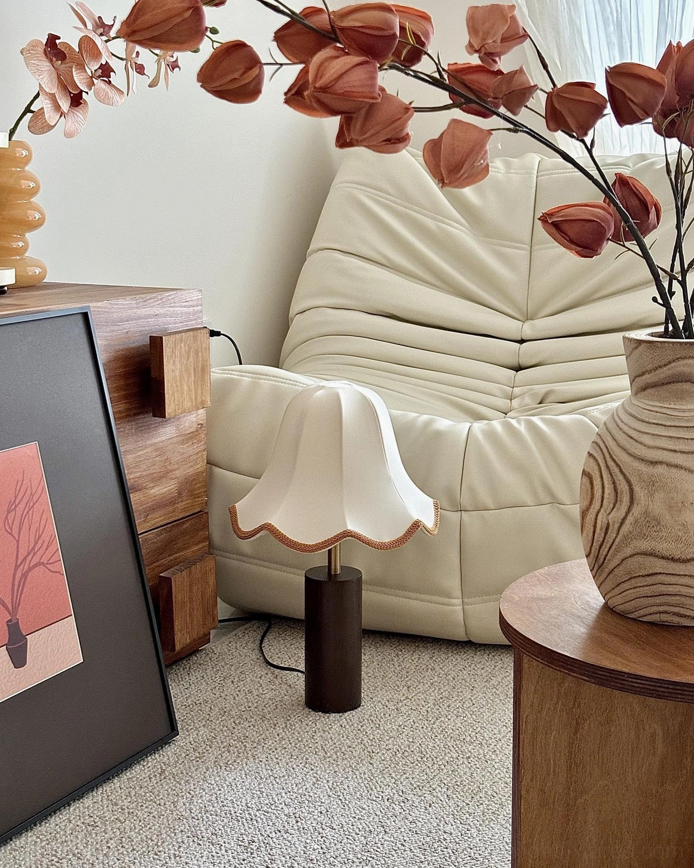 Walnut wood table lamp proportions and scale shown in styled home decor arrangement with accessories