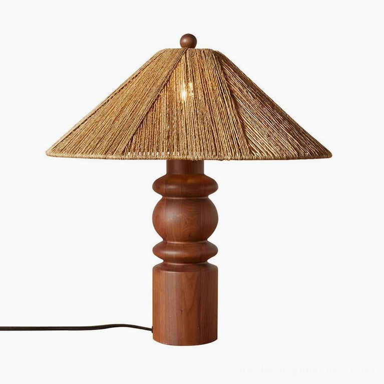 Side view balance table lamp exposed bulb inside woven straw shade walnut base side profile
