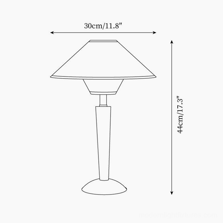 Technical schematic drawing of mid-century table lamp showing dimensions 30cm width and 44cm height specifications