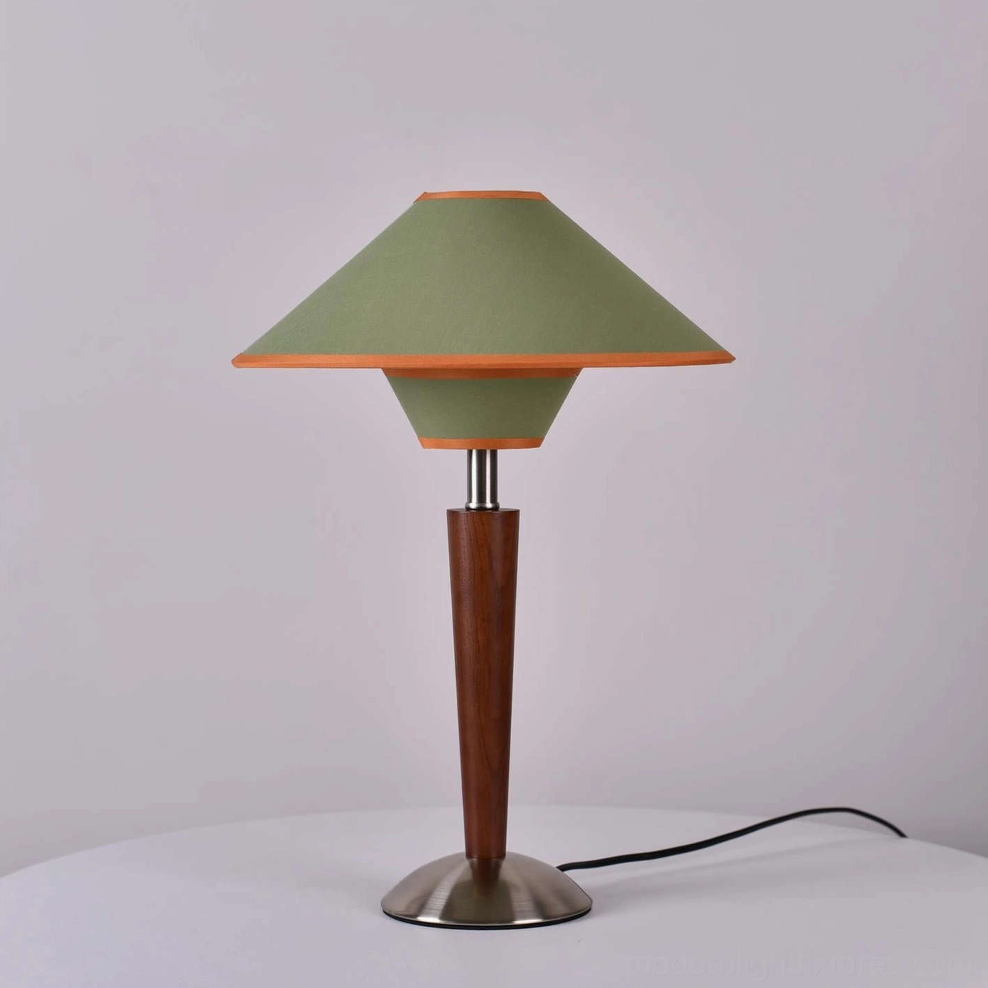 Modern table lamp three-quarter angle view showcasing wood construction, metal base, and conical shade design