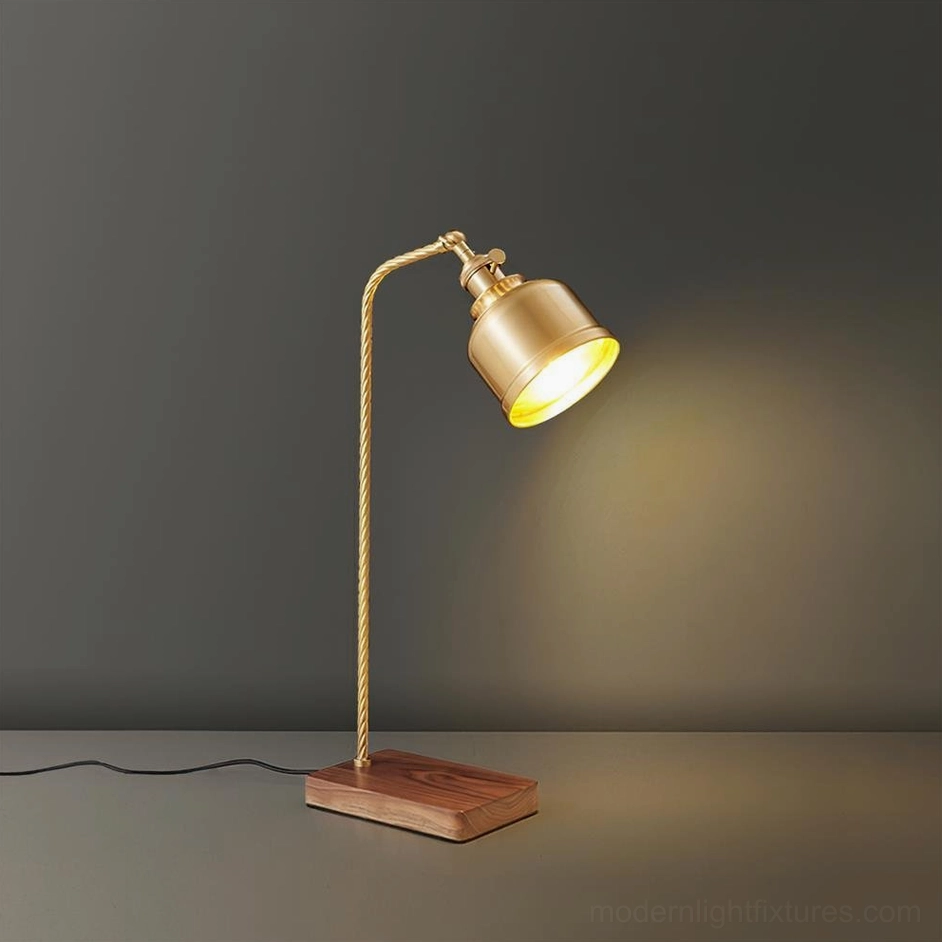 Tacoma brass table lamp with adjustable head, cylindrical shade, and walnut wood base, EU UK US AU plug options