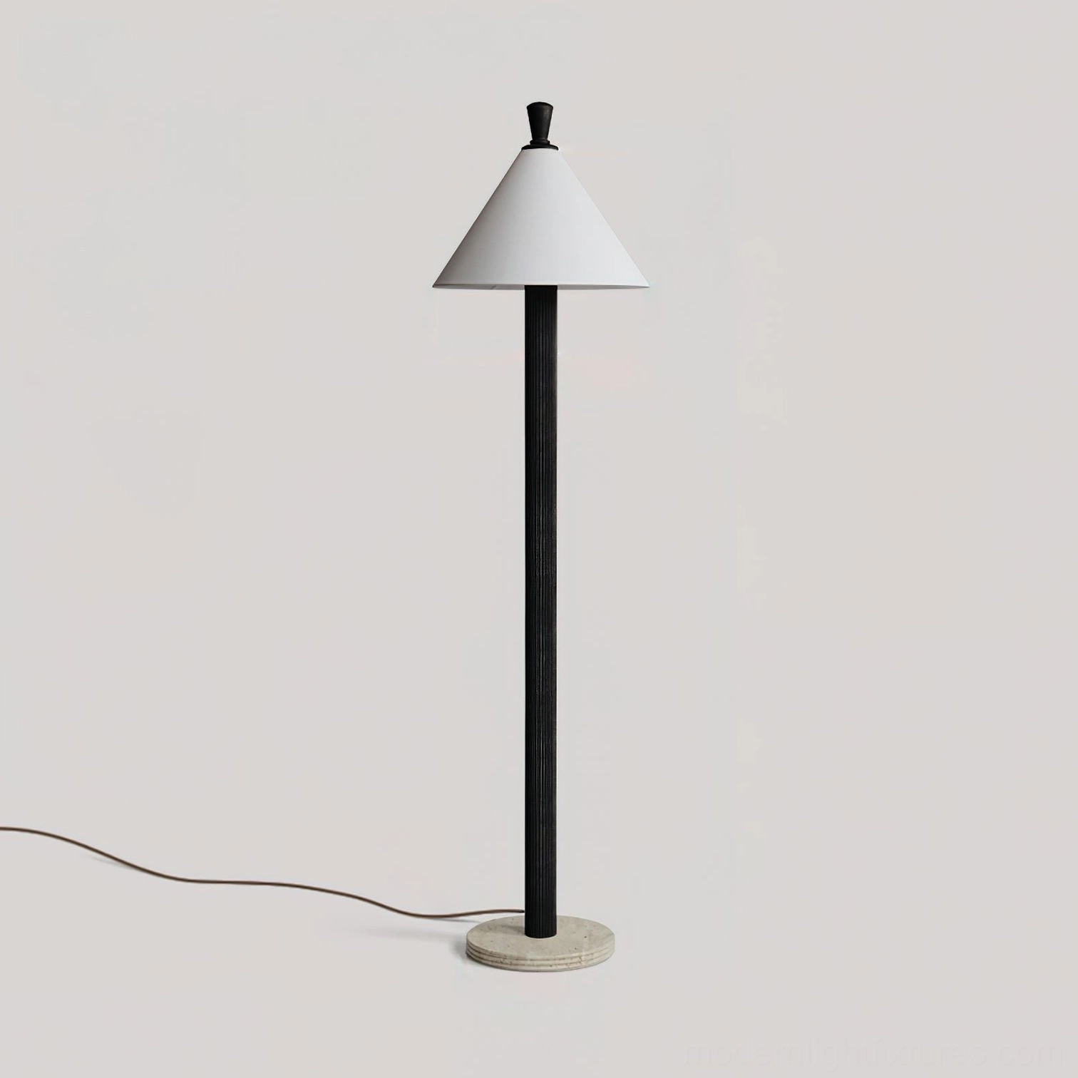 Takumi floor lamp with black matte pole and white linen cone shade, minimalist front studio view