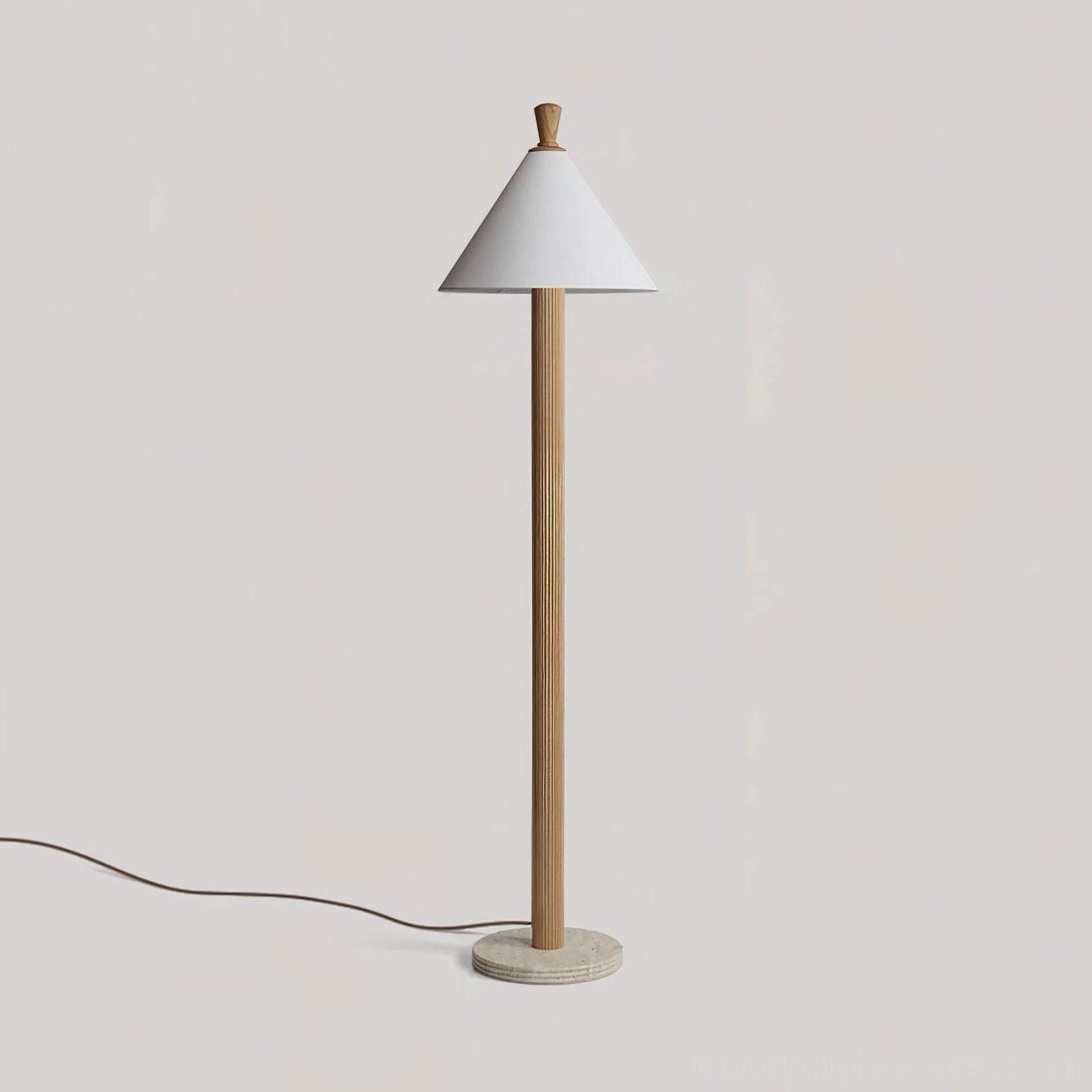Takumi floor lamp with natural wood finish and linen shade, contemporary studio product photography