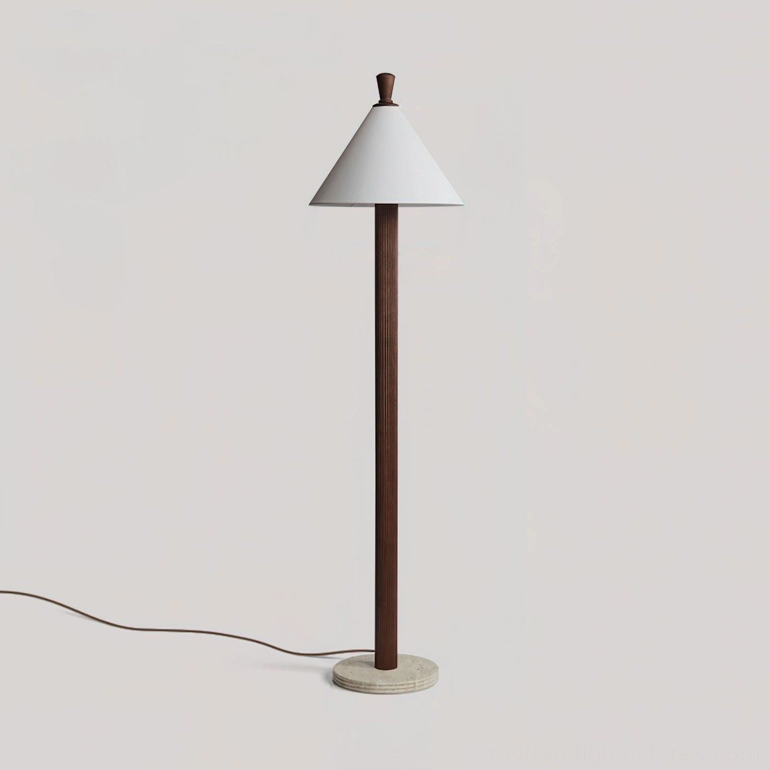 Takumi floor lamp walnut finish wooden pole with travertine stone base, studio front view