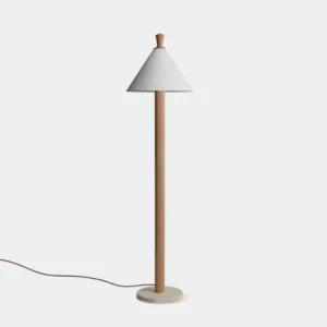 Takumi minimalist floor lamp with white linen shade and light wood pole, front view studio product photo