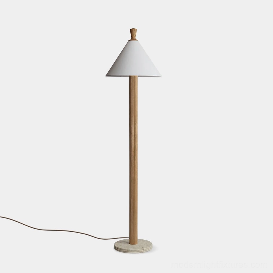 Takumi minimalist floor lamp with white linen shade and light wood pole, front view studio product photo