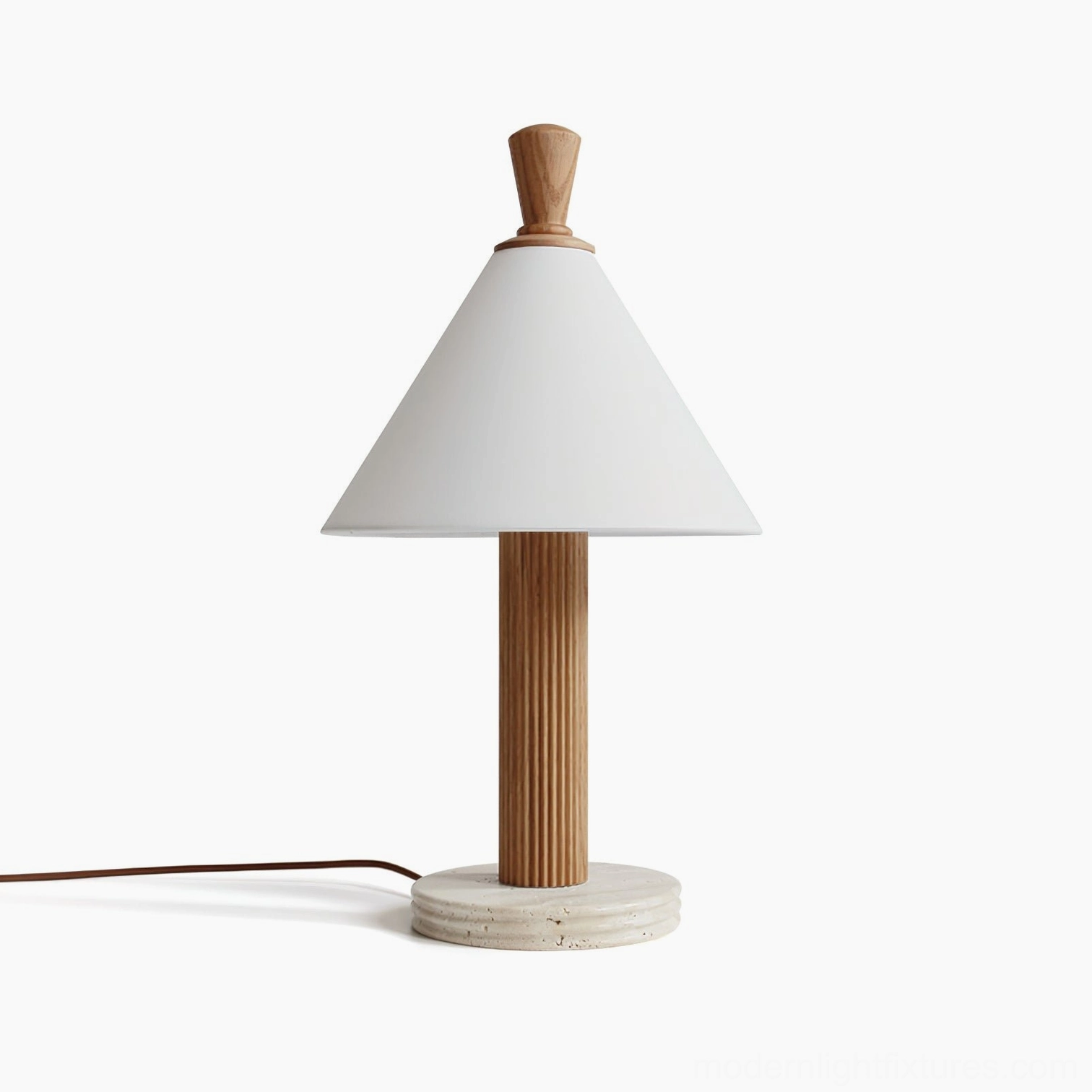 Takumi table lamp in natural wood color showing grooved pole texture, travertine base, and linen shade detail