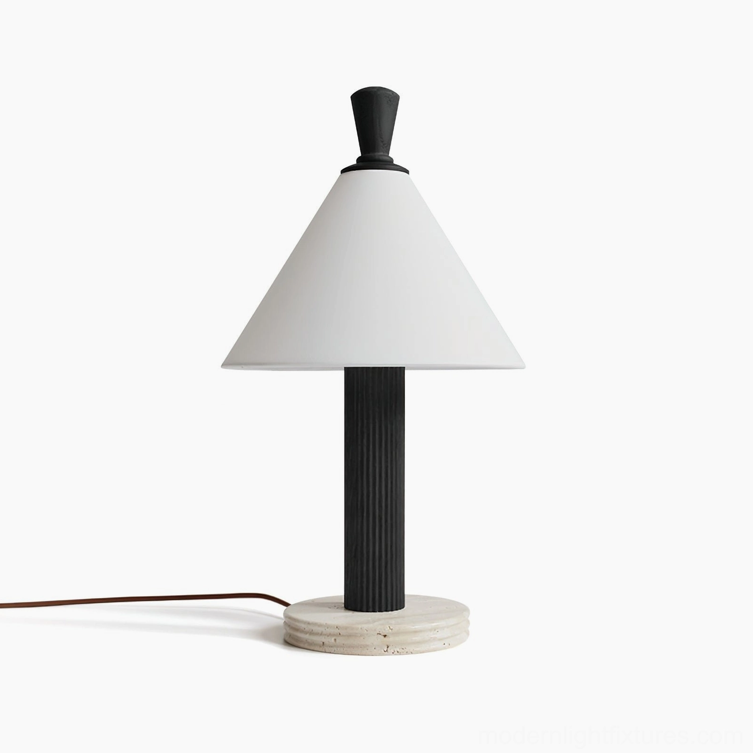 Takumi minimalist table lamp in black finish with fluted pole, stone base, and conical white shade