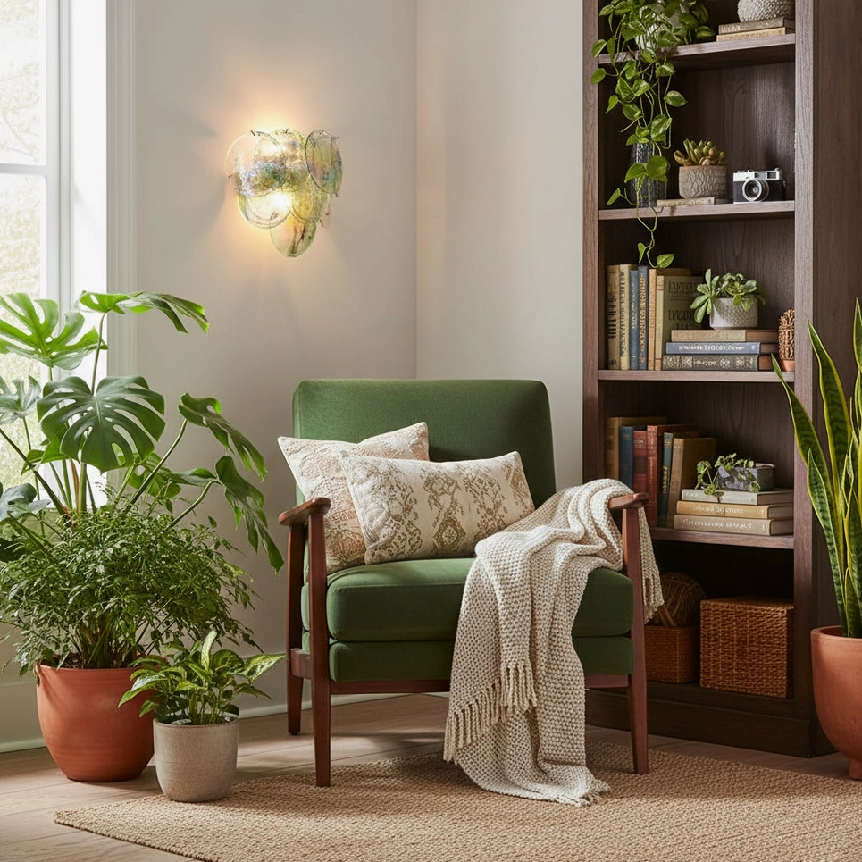 Talia glass bubble wall sconce in modern living room interior with green lounge chair and botanical decor, artistic ambient wall lighting