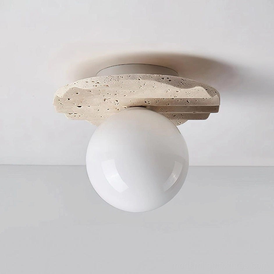 Talia travertine ceiling light fixture available in beige and white finishes, showing natural stone variation
