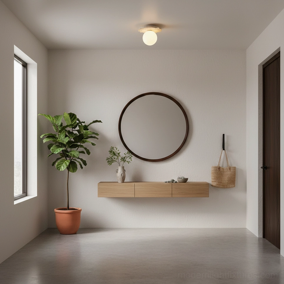 Talia travertine ceiling light installed in modern minimalist laundry room with wooden floating shelf and potted plant
